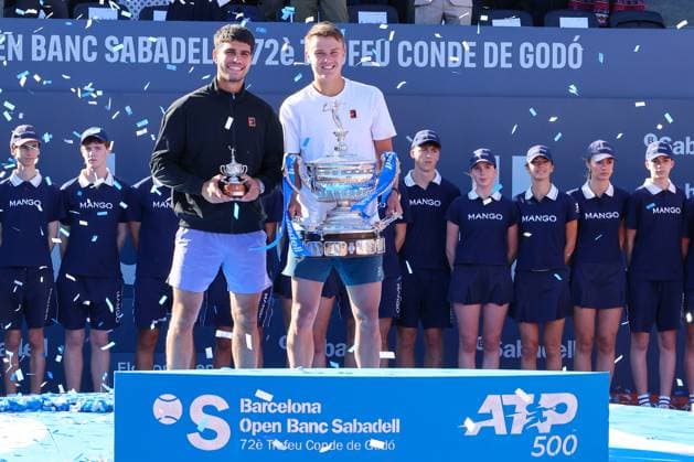 Barcelona open Banc Sabadell 2025, Real Club De Tennis Holger Rune of Denmark poses with the trophy after winning against Carlos Alcaraz of Spain in the Final Match during the Barcelona Open Banc Sabadell 2025 at Real Club De Tenis Barcelona on April 20, 2025 in Barcelona, Spain barcelona Real Club De Tenis Barcelona on catalunya spain Copyright: xYoussefxLoulidix