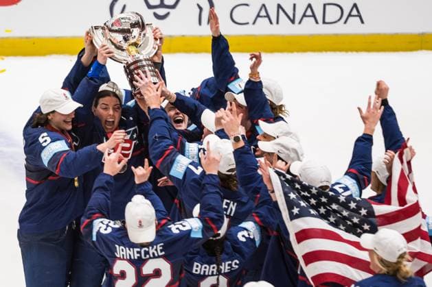 US players with trophy celebrate after winning the Ice hockey, Eishockey IIHF WomenÂ s World Championship, WM, Weltmeisterschaft the gold medal match USA vs Canada, Ceske Budejovice, Czech Republic, April 20, 2025. (CTKxPhoto PetrxSkrivanek) CTKPhotoP2025042005659  CTKPhotoP2025042005659