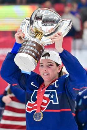 US team captain Hilary Knight with trophy celebrates after winning the Ice hockey, Eishockey IIHF WomenÂ s World Championship, WM, Weltmeisterschaft the gold medal match USA vs Canada, Ceske Budejovice, Czech Republic, April 20, 2025. (CTKxPhoto VaclavxPancer) CTKPhotoP2025042005756  CTKPhotoP2025042005756