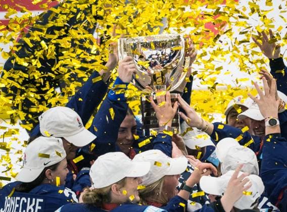 US players with trophy celebrate after winning the Ice hockey, Eishockey IIHF WomenÂ s World Championship, WM, Weltmeisterschaft the gold medal match USA vs Canada, Ceske Budejovice, Czech Republic, April 20, 2025. (CTKxPhoto PetrxSkrivanek) CTKPhotoP2025042005771  CTKPhotoP2025042005771
