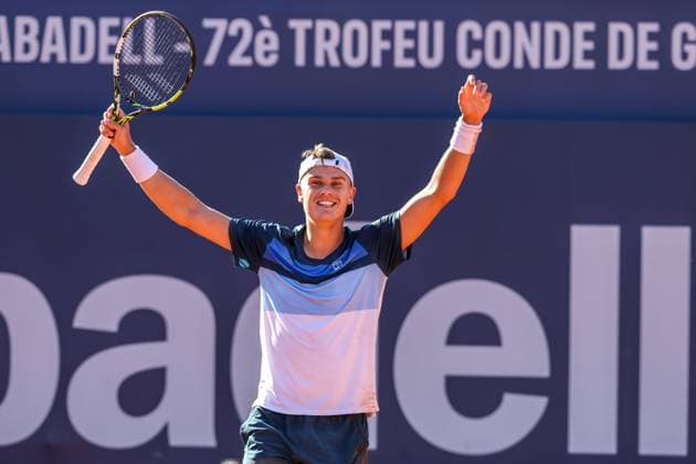 Barcelona open Banc Sabadell 2025, Real Club De Tennis Holger Rune of Denmark celebrates after winning the Final Match against Carlos Alcaraz of Spain during the Barcelona Open Banc Sabadell 2025 at Real Club De Tenis Barcelona on April 20, 2025 in Barcelona, Spain barcelona Real Club De Tenis Barcelona on catalunya spain Copyright: xYoussefxLoulidix