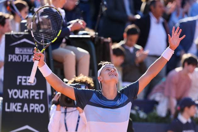 Barcelona open Banc Sabadell 2025, Real Club De Tennis Holger Rune of Denmark celebrates after winning the Final Match against Carlos Alcaraz of Spain during the Barcelona Open Banc Sabadell 2025 at Real Club De Tenis Barcelona on April 20, 2025 in Barcelona, Spain barcelona Real Club De Tenis Barcelona on catalunya spain Copyright: xYoussefxLoulidix