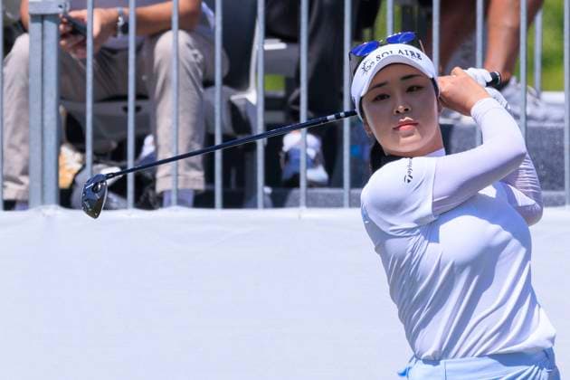 April 20, 2025, Tarzana, California, USA: Ina Yoon tees off to start the final round of the JM Eagle LA Championship presented by Plastpro Sunday April 20, 2025 at El Caballero Country Club in Tarzana, California. JAVIER ROJAS PI Tarzana USA - ZUMAp124 20250420_zaa_p124_016 Copyright: xJavierxRojasx