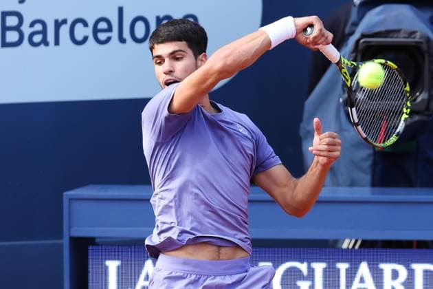 Barcelona open Banc Sabadell 2025, Real Club De Tennis Carlos Alcaraz of Spain returns a ball against Holger Rune of Denmark in the Final Match during the Barcelona Open Banc Sabadell 2025 at Real Club De Tenis Barcelona on April 20, 2025 in Barcelona, Spain barcelona Real Club De Tenis Barcelona on catalunya spain Copyright: xYoussefxLoulidix