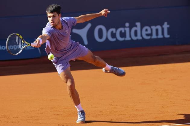Barcelona open Banc Sabadell 2025, Real Club De Tennis Carlos Alcaraz of Spain returns a ball against Holger Rune of Denmark in the Final Match during the Barcelona Open Banc Sabadell 2025 at Real Club De Tenis Barcelona on April 20, 2025 in Barcelona, Spain barcelona Real Club De Tenis Barcelona on catalunya spain Copyright: xYoussefxLoulidix