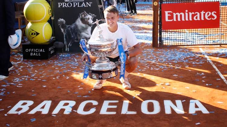 April 20, 2025, Sabadell, Barcelona, Spain: Barcelona Spain 20.04.2025 Holger Rune (Denmark) poses with the Barcelona Open title in the match between Carlos Alcaraz (Spain) and Holger Rune (Denmark) during the Day 7 of the Barcelona Open Banc Sabadell Godo on 20 April 2025 in Barcelona. Sabadell Spain - ZUMAu50_ 20250420_zsp_u50_019 Copyright: xXavixUrgelesx
