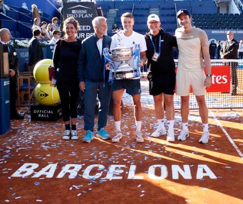 April 20, 2025, Sabadell, Barcelona, Spain: Barcelona Spain 20.04.2025 Holger Rune (Denmark) with his family and coach Lars Christensen poses with the Barcelona Open title in the match between Carlos Alcaraz (Spain) and Holger Rune (Denmark) during the Day 7 of the Barcelona Open Banc Sabadell Godo on 20 April 2025 in Barcelona. Sabadell Spain - ZUMAu50_ 20250420_zsp_u50_026 Copyright: xXavixUrgelesx