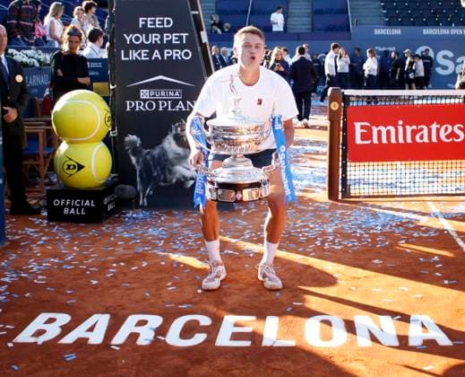 April 20, 2025, Sabadell, Barcelona, Spain: Barcelona Spain 20.04.2025 Holger Rune (Denmark) poses with the Barcelona Open title in the match between Carlos Alcaraz (Spain) and Holger Rune (Denmark) during the Day 7 of the Barcelona Open Banc Sabadell Godo on 20 April 2025 in Barcelona. Sabadell Spain - ZUMAu50_ 20250420_zsp_u50_033 Copyright: xXavixUrgelesx