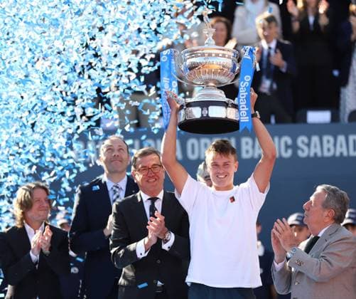 April 20, 2025, Sabadell, Barcelona, Spain: Barcelona Spain 20.04.2025 Holger Rune (Denmark) lifts the Barcelona Open title in the match between Carlos Alcaraz (Spain) and Holger Rune (Denmark) during the Day 7 of the Barcelona Open Banc Sabadell Godo on 20 April 2025 in Barcelona. Sabadell Spain - ZUMAu50_ 20250420_zsp_u50_122 Copyright: xXavixUrgelesx