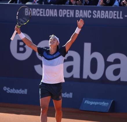 April 20, 2025, Sabadell, Barcelona, Spain: Barcelona Spain 20.04.2025 Holger Rune (Denmark) celebrating the victory in the match between Carlos Alcaraz (Spain) and Holger Rune (Denmark) during the Day 7 of the Barcelona Open Banc Sabadell Godo on 20 April 2025 in Barcelona. Sabadell Spain - ZUMAu50_ 20250420_zsp_u50_123 Copyright: xXavixUrgelesx