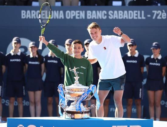 April 20, 2025, Sabadell, Barcelona, Spain: Barcelona Spain 20.04.2025 Holger Rune (Denmark) gestures in victory with the Barcelona Open trophy in the match between Carlos Alcaraz (Spain) and Holger Rune (Denmark) during the Day 7 of the Barcelona Open Banc Sabadell Godo on 20 April 2025 in Barcelona. Sabadell Spain - ZUMAu50_ 20250420_zsp_u50_144 Copyright: xXavixUrgelesx
