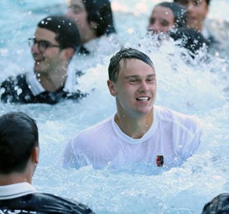 April 20, 2025, Sabadell, Barcelona, Spain: Barcelona Spain 20.04.2025 Holger Rune (Denmark) bathes with the ball boys after the victory in the match between Carlos Alcaraz (Spain) and Holger Rune (Denmark) during the Day 7 of the Barcelona Open Banc Sabadell Godo on 20 April 2025 in Barcelona. Sabadell Spain - ZUMAu50_ 20250420_zsp_u50_149 Copyright: xXavixUrgelesx