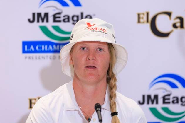 April 20, 2025, Tarzana, California, USA: Ingrid Lindblad during a press conference, PK, Pressekonferenz after winning the JM Eagle LA Championship presented by Plastpro golf tournament on Sunday, April 20, 2025, at El Caballero Country Club in Tarzana, California. JAVIER ROJAS PI Tarzana USA - ZUMAp124 20250420_zaa_p124_069 Copyright: xJavierxRojasx