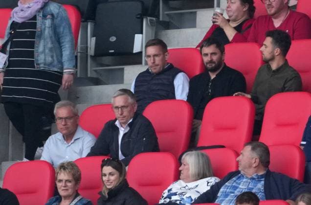 19 04 2025, Europa Park Stadion, Freiburg, GER, 1 FBL, SC Freiburg vs TSG Hoffenheim , im Bild Vorsitzender Geschäftsführung Dr Markus Schütz Hoffenheim , Geschäftsführer Finanzen Frank Briel Hoffenheim , Geschäftsführer Finanzen Tim Jost Hoffenheim DFL regulations prohibit any use of photographs as image sequences and or quasi video Photo by Hasan Bratic DeFodi Images