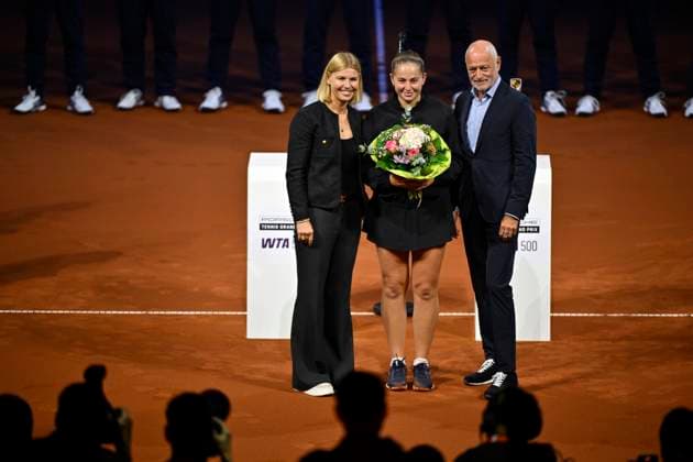 Award ceremony, 2nd place Aryna Sabalenka BLR with Tournament Director Markus Günthardt and Sports Director Anke Huber Tennis Ladies Porsche Cup Porsche Tennis Grand Prix GP Stuttgart 2025 Porsche Arena 21 04 2024 DFL REGULATIONS PROHIBIT ANY USE OF PHOTOGRAPHS AS IMAGE SEQUENCES AND OR QUASI VIDEO Tennis Ladies Porsche Cup Porsche Tennis Grand Prix GP Stuttgart 2025