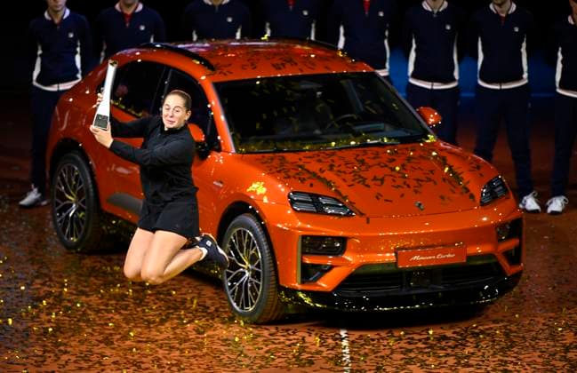 Award ceremony, honoring Jelena Ostapenko LAT with winning car Porsche Macan Turbo WLTP Jump Cup Tennis Ladies Porsche Cup Porsche Tennis Grand Prix GP Stuttgart 2025 Porsche Arena 21 04 2024 DFL REGULATIONS PROHIBIT ANY USE OF PHOTOGRAPHS AS IMAGE SEQUENCES AND OR QUASI VIDEO Tennis Ladies Porsche Cup Porsche Tennis Grand Prix GP Stuttgart 2025