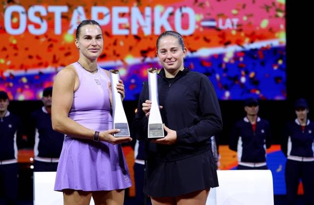 Stuttgart , Porsche Tennis Grand Prix Final, from left Aryna Sabalenka and winner Jelena Ostapenko LAT with their trophies at the award ceremony