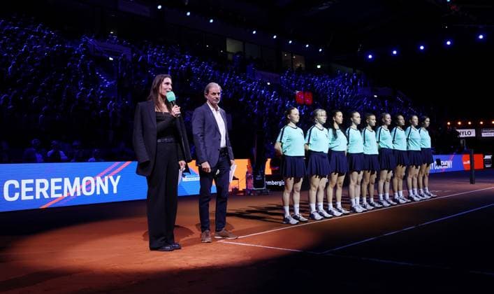 Stuttgart , Porsche Tennis Grand Prix Final, from left presenter Andrea Petkovic, and presenter Heinz Günthardt at the award ceremony