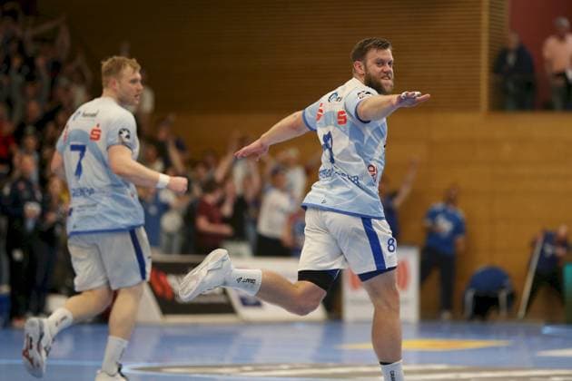 21 04 2025, Men, Handball, Season 2024 2025, 2 Handball Bundesliga, 28 Matchday TV Grosswallstadt TSV GWD Minden Patrick Gempp 7, TV Grosswallstadt , Florian Eisentraeger 8, TV Grosswallstadt Elsenfeld Untermainhalle Bayern Germany