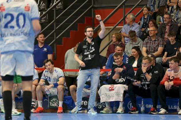21 04 2025, Men, Handball, Season 2024 2025, 2 Handball Bundesliga, 28 Matchday TV Grosswallstadt TSV GWD Minden Andre Lohrbach Coach, TV Grosswallstadt Elsenfeld Untermainhalle Bayern Germany