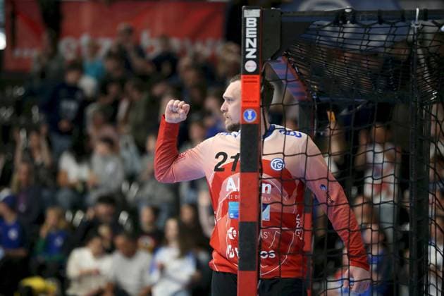 21 04 2025, Men, Handball, Season 2024 2025, 2 Handball Bundesliga, 28 Matchday TV Grosswallstadt TSV GWD Minden Stefan Hanemann 21, TV Grosswallstadt shows emotions, Cheers Elsenfeld Untermainhalle Bayern Germany