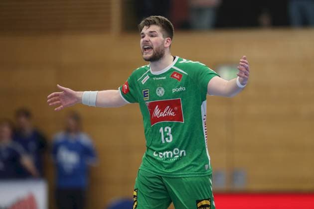 21 04 2025, Men, Handball, Season 2024 2025, 2 Handball Bundesliga, 28 Matchday TV Grosswallstadt TSV GWD Minden Ian Weber 13, GWD Minden is struggling, is served Elsenfeld Untermainhalle Bayern Germany