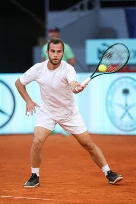 April 21, 2025, Madrid, Madrid, SPAIN: Hugo Gaston of France in action against Yannick Hanfmann of Germany during the Mutua Madrid Open 2025, ATP, Tennis Herren Masters 1000 and WTA, Tennis Damen 1000, tennis tournament celebrated at Caja Magica on April 21, 2025 in Madrid, Spain. Madrid SPAIN - ZUMAa181 20250421_zaa_a181_208 Copyright: xIrinaxR.xHipolitox