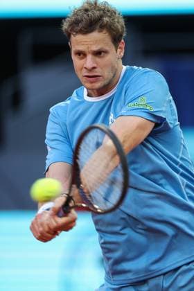 April 21, 2025, Madrid, Madrid, SPAIN: Yannick Hanfmann of Germany in action Hugo Gaston of France during the Mutua Madrid Open 2025, ATP, Tennis Herren Masters 1000 and WTA, Tennis Damen 1000, tennis tournament celebrated at Caja Magica on April 21, 2025 in Madrid, Spain. Madrid SPAIN - ZUMAa181 20250421_zaa_a181_218 Copyright: xIrinaxR.xHipolitox