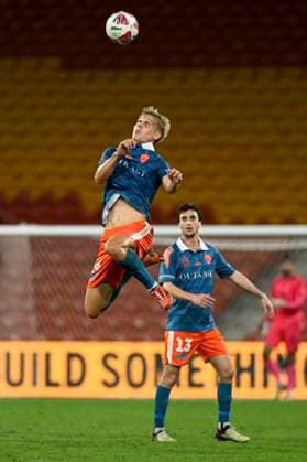 22nd April 2025; Suncorp Stadium, Brisbane, Queensland, Australia: A League Football, Brisbane Roar versus Adelaide United; Sam Klein of Brisbane Roar rises to head the ball clear  ActionPlus12778062 NigelxOwen Content restricted for UK based newspaper