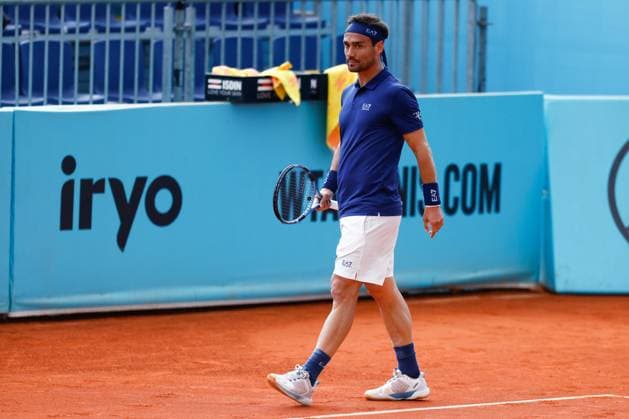 April 22, 2025, Madrid, Madrid, SPAIN: Fabio Fognini of Italy reacts against Rinky Hijikata of Australia during the Mutua Madrid Open 2025, ATP, Tennis Herren Masters 1000 and WTA, Tennis Damen 1000, tennis tournament celebrated at Caja Magica on April 22, 2025 in Madrid, Spain. Madrid SPAIN - ZUMAa181 20250422_zaa_a181_182 Copyright: xDennisxAgyemanx