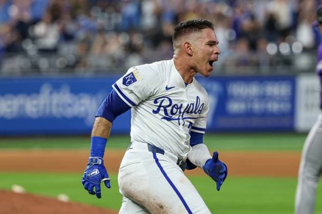 MLB, Baseball Herren, USA 2025: Rockies Vs Royals APR 22 April 22, 2025: Kansas City Royals catcher Freddy Fermin (34) reacts to his game winning RBI single during the eleventh inning against the Colorado Rockies at Kauffman Stadium in Kansas City, MO. David Smith CSM (Credit Image: Â David Smith Cal Media) Kansas City Mo United States of America EDITORIAL USE ONLY Copyright: xx ZUMA-20250422_zma_c04_017.jpg DavidxSmithx csmphotothree377685