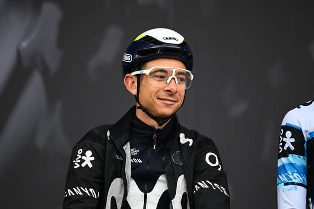 La Fleche Wallonne 2025 cycling race HUY, BELGIUM - APRIL 23 : Formolo Davide (ITA) of Movistar Team on stage before the start of the race during the Men Elite UCI 1.Pro 89th A.S.O. La Fleche Wallonne cycling race with start in Ciney and finish in Huy (205,2 km) on April 23, 2025 in Huy, Belgium, 23 04 2025 ( Motordriver Guy De Vuyst & Huy Belgium  Copyright: xTomasxSiskx
