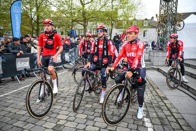 La Fleche Wallonne 2025 cycling race HUY, BELGIUM - APRIL 22 : Van Eetvelt Lennert (BEL) of Lotto, Currie Logan (NZL) of Lotto, Livyns Arjen (BEL) of Lotto before the start of the race during the Men Elite UCI 1.Pro 89th A.S.O. La Fleche Wallonne cycling race with start in Ciney and finish in Huy (205,2 km) on April 22, 2025 in Huy, Belgium, 22 04 2025 Huy Belgium  Copyright: xVincentxKalutx