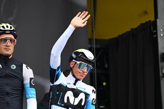 La Fleche Wallonne 2025 cycling race HUY, BELGIUM - APRIL 23 : Mas Enric (ESP) of Movistar Team on stage before the start of the race during the Men Elite UCI 1.Pro 89th A.S.O. La Fleche Wallonne cycling race with start in Ciney and finish in Huy (205,2 km) on April 23, 2025 in Huy, Belgium, 23 04 2025 ( Motordriver Guy De Vuyst & Huy Belgium  Copyright: xTomasxSiskx