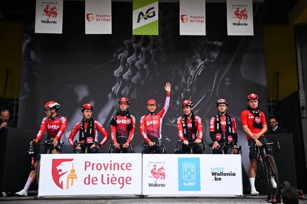 La Fleche Wallonne 2025 cycling race HUY, BELGIUM - APRIL 23 : Team Lotto on stage before the start of the race during the Men Elite UCI 1.Pro 89th A.S.O. La Fleche Wallonne cycling race with start in Ciney and finish in Huy (205,2 km) on April 23, 2025 in Huy, Belgium, 23 04 2025 ( Motordriver Guy De Vuyst & Huy Belgium  Copyright: xTomasxSiskx