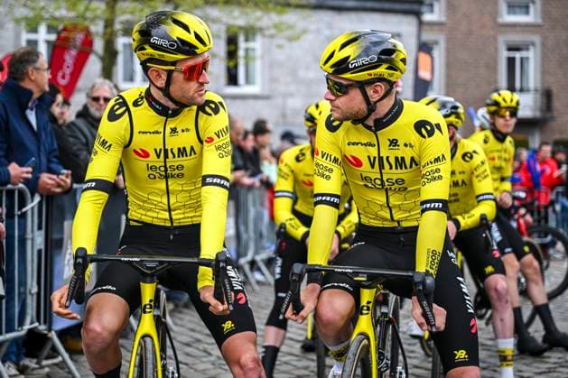 La Fleche Wallonne 2025 cycling race HUY, BELGIUM - APRIL 22 : Benoot Tiesj (BEL) of Team Visma Lease a Bike and Van Der Sande Tosh (BEL) of Team Visma Lease a Bike before the start of the race during the Men Elite UCI 1.Pro 89th A.S.O. La Fleche Wallonne cycling race with start in Ciney and finish in Huy (205,2 km) on April 22, 2025 in Huy, Belgium, 22 04 2025 Huy Belgium  Copyright: xVincentxKalutx