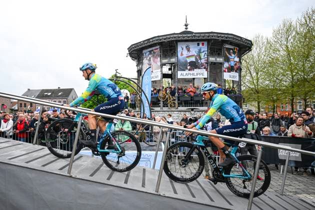 La Fleche Wallonne 2025 cycling race HUY, BELGIUM - APRIL 22 : Conci Nicola (ITA) of XDS Astana Team, Kuzmin Anton (KAZ) of XDS Astana Team before the start of the race during the Men Elite UCI 1.Pro 89th A.S.O. La Fleche Wallonne cycling race with start in Ciney and finish in Huy (205,2 km) on April 22, 2025 in Huy, Belgium, 22 04 2025 Huy Belgium  Copyright: xVincentxKalutx