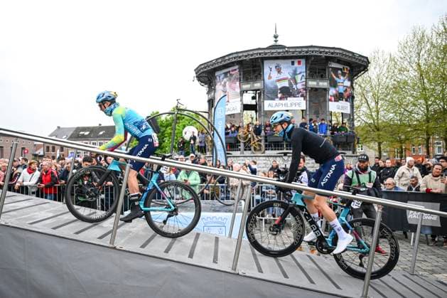 La Fleche Wallonne 2025 cycling race HUY, BELGIUM - APRIL 22 : Scaroni Christian (ITA) of XDS Astana Team, Schelling Ide (NED) of XDS Astana Team before the start of the race during the Men Elite UCI 1.Pro 89th A.S.O. La Fleche Wallonne cycling race with start in Ciney and finish in Huy (205,2 km) on April 22, 2025 in Huy, Belgium, 22 04 2025 Huy Belgium  Copyright: xVincentxKalutx