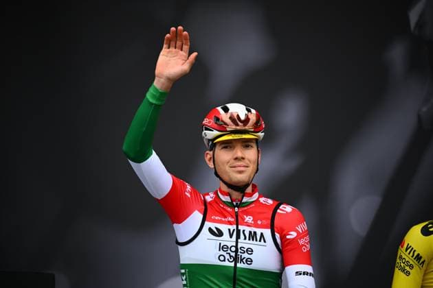 La Fleche Wallonne 2025 cycling race HUY, BELGIUM - APRIL 23 : Valter Attila (HUN) of Team Visma Lease a Bike on stage before the start of the race during the Men Elite UCI 1.Pro 89th A.S.O. La Fleche Wallonne cycling race with start in Ciney and finish in Huy (205,2 km) on April 23, 2025 in Huy, Belgium, 23 04 2025 ( Motordriver Guy De Vuyst & Huy Belgium  Copyright: xTomasxSiskx