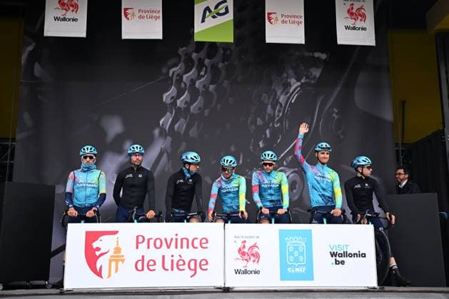 La Fleche Wallonne 2025 cycling race HUY, BELGIUM - APRIL 23 : Astana Qazaqstan Team on stage before the start of the race during the Men Elite UCI 1.Pro 89th A.S.O. La Fleche Wallonne cycling race with start in Ciney and finish in Huy (205,2 km) on April 23, 2025 in Huy, Belgium, 23 04 2025 ( Motordriver Guy De Vuyst & Huy Belgium  Copyright: xTomasxSiskx