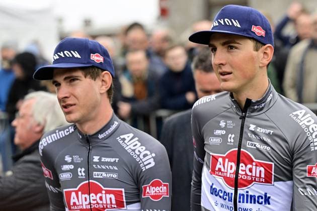 Belgian Ramses Debruyne of Alpecin-Deceuninck and Belgian Emiel Verstrynge of Alpecin-Deceuninck pictured at the start of the men s race of the La Fleche Wallonne , one day cycling race (Waalse Pijl - Walloon Arrow), 205,2 km from Ciney to Huy, Wednesday 23 April 2025. DIRKxWAEM  x121618668x