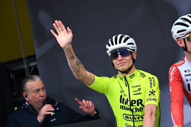La Fleche Wallonne 2025 cycling race HUY, BELGIUM - APRIL 23 : De Pooter Dries (BEL) of Intermarche - Wanty on stage before the start of the race during the Men Elite UCI 1.Pro 89th A.S.O. La Fleche Wallonne cycling race with start in Ciney and finish in Huy (205,2 km) on April 23, 2025 in Huy, Belgium, 23 04 2025 ( Motordriver Guy De Vuyst & Huy Belgium  Copyright: xTomasxSiskx
