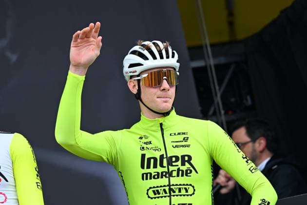 La Fleche Wallonne 2025 cycling race HUY, BELGIUM - APRIL 23 : Barre Louis (FRA) of Intermarche - Wanty on stage before the start of the race during the Men Elite UCI 1.Pro 89th A.S.O. La Fleche Wallonne cycling race with start in Ciney and finish in Huy (205,2 km) on April 23, 2025 in Huy, Belgium, 23 04 2025 ( Motordriver Guy De Vuyst & Huy Belgium  Copyright: xTomasxSiskx
