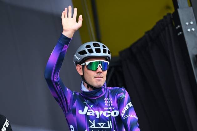 La Fleche Wallonne 2025 cycling race HUY, BELGIUM - APRIL 23 : O Connor Ben (AUS) of Team Jayco AlUla on stage before the start of the race during the Men Elite UCI 1.Pro 89th A.S.O. La Fleche Wallonne cycling race with start in Ciney and finish in Huy (205,2 km) on April 23, 2025 in Huy, Belgium, 23 04 2025 ( Motordriver Guy De Vuyst & Huy Belgium  Copyright: xTomasxSiskx