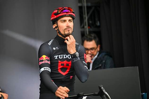 La Fleche Wallonne 2025 cycling race HUY, BELGIUM - APRIL 23 : Alaphilippe Julian (FRA) of Tudor Pro Cycling Team on stage before the start of the race during the Men Elite UCI 1.Pro 89th A.S.O. La Fleche Wallonne cycling race with start in Ciney and finish in Huy (205,2 km) on April 23, 2025 in Huy, Belgium, 23 04 2025 ( Motordriver Guy De Vuyst & Huy Belgium  Copyright: xTomasxSiskx
