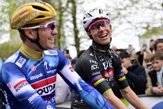 Belgian Remco Evenepoel of Soudal Quick-Step and Slovenian Tadej Pogacar of UAE Team Emirates pictured at the start of the men s race of the La Fleche Wallonne , one day cycling race (Waalse Pijl - Walloon Arrow), 205,2 km from Ciney to Huy, Wednesday 23 April 2025. DIRKxWAEM  x121622269x