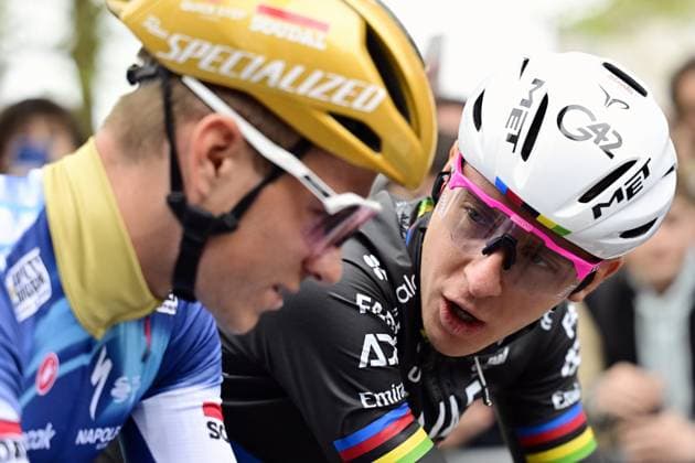 Belgian Remco Evenepoel of Soudal Quick-Step and Slovenian Tadej Pogacar of UAE Team Emirates pictured at the start of the men s race of the La Fleche Wallonne , one day cycling race (Waalse Pijl - Walloon Arrow), 205,2 km from Ciney to Huy, Wednesday 23 April 2025. DIRKxWAEM  x121622280x