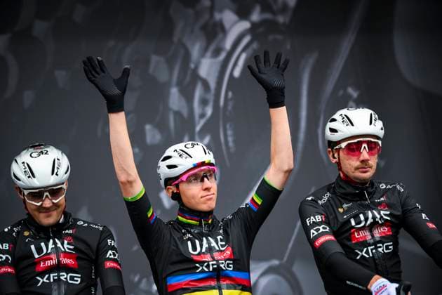 La Fleche Wallonne 2025 cycling race HUY, BELGIUM - APRIL 23 : Pogacar Tadej (SLO) of UAE Team Emirates - XRG on stage before the start of the race during the Men Elite UCI 1.Pro 89th A.S.O. La Fleche Wallonne cycling race with start in Ciney and finish in Huy (205,2 km) on April 23, 2025 in Huy, Belgium, 23 04 2025 ( Motordriver Guy De Vuyst & Huy Belgium  Copyright: xTomasxSiskx