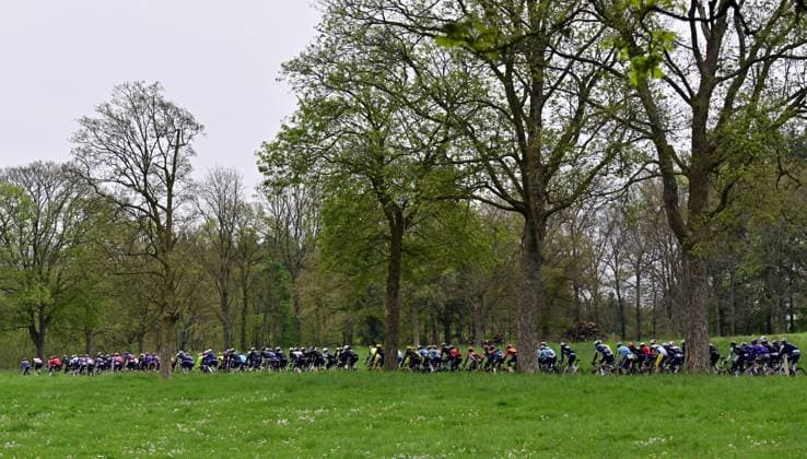 The pack of riders pictured in action during the men s race of the La Fleche Wallonne , one day cycling race (Waalse Pijl - Walloon Arrow), 205,2 km from Ciney to Huy, Wednesday 23 April 2025. DIRKxWAEM  x121623488x