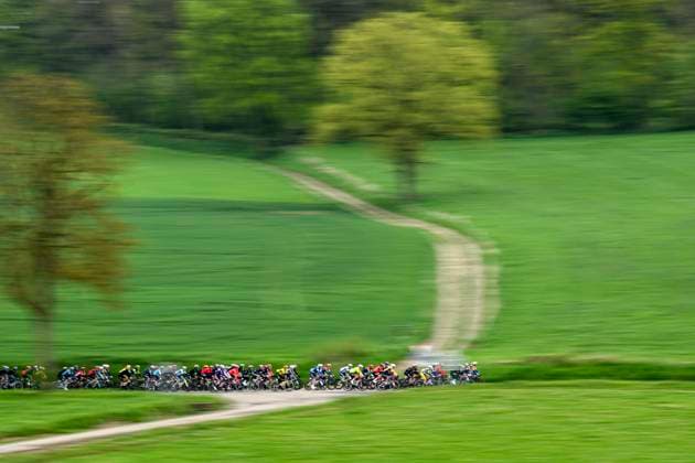 La Fleche Wallonne 2025 cycling race HUY, BELGIUM - APRIL 23 : Illustration picture of the peloton during the Men Elite UCI 1.Pro 89th A.S.O. La Fleche Wallonne cycling race with start in Ciney and finish in Huy (205,2 km) on April 23, 2025 in Huy, Belgium, 23 04 2025 ( Motordriver Guy De Vuyst & Huy Belgium  Copyright: xTomasxSiskx